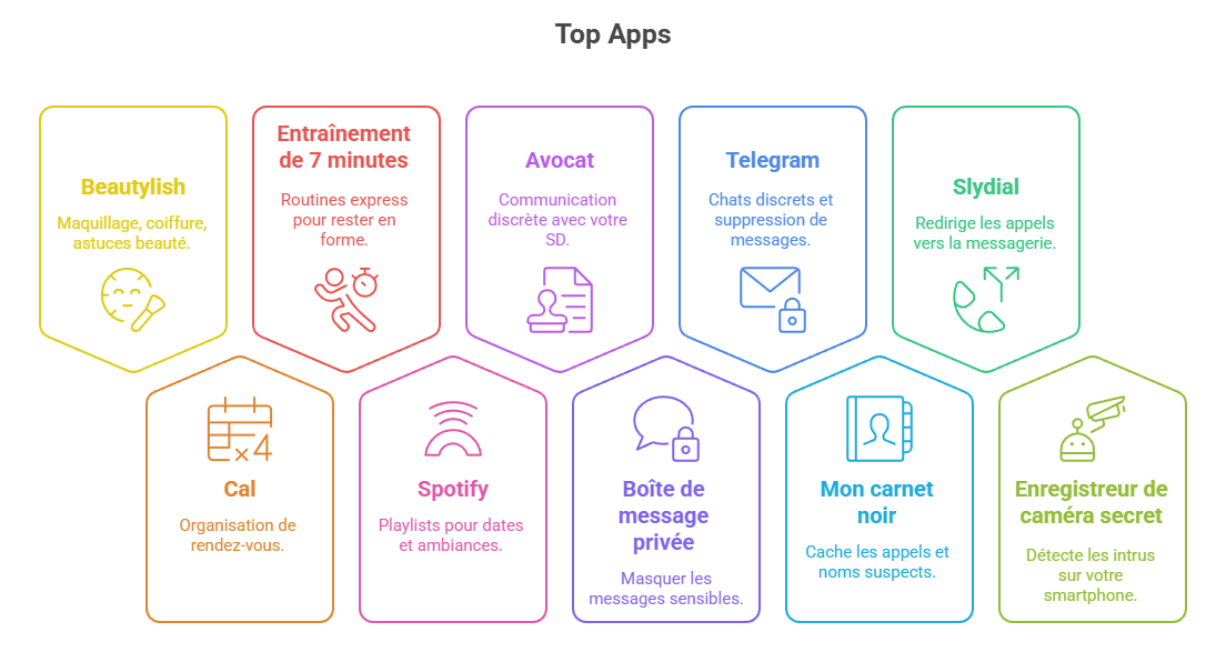 Infographie des 10 applications essentielles pour sugar daddys et sugar babys : Beautylish, Cal, 7-Minute Workout, Spotify, Avocat, Private Message Box, Telegram, My Black Book, Slydial, Secret Camera Recorder. Outils pour organiser les rendez-vous, rester en forme, communiquer discrètement et protéger sa vie privée dans le monde du sugar dating.