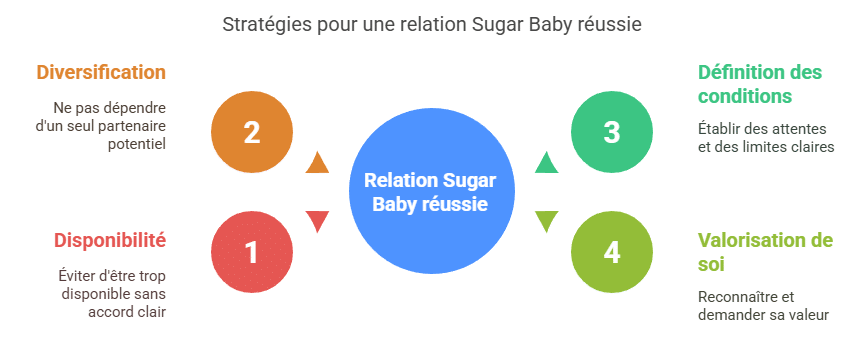 Infographie listant les 5 erreurs fréquentes des sugar babys débutantes : être trop disponible, se focaliser sur un seul candidat, ne pas savoir couper un contact improductif, négliger la définition des conditions, et ne pas se valoriser. Guide visuel pour construire une relation sugar claire, équitable et sécurisée.