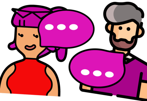 le dessin d'un homme et d'une femme avec des bulles comiques signifie qu'ils parlent, ils communiquent