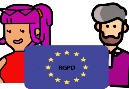 Dessin d'un homme et d'une femme avec une carte de l'Europe et il est écrit rgpd