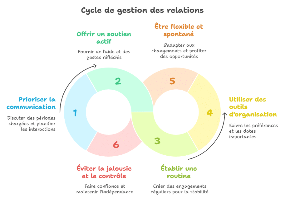 Infographie listant les clés pour entretenir une relation sugar avec un partenaire très occupé : communication claire, soutien émotionnel, routine planifiée, usage d’outils d’organisation, flexibilité et respect de l’indépendance. Guide visuel pour sugarbabys et sugardaddys en mode "busy".