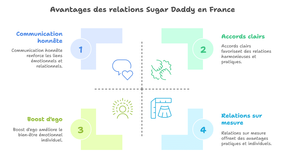 Infographie expliquant pourquoi les sugar daddys sont plus heureux en France : relations claires, communication ouverte, liberté émotionnelle, ruptures apaisées et valorisation mutuelle. Guide visuel des avantages psychologiques et relationnels du sugar dating équilibré.