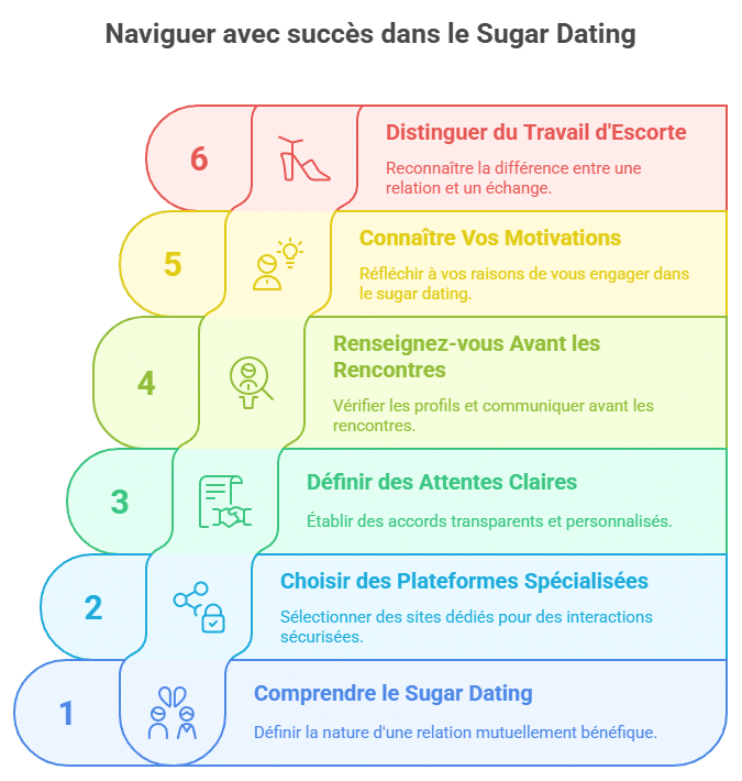Infographie expliquant comment éviter les malentendus en sugar dating : comprendre le concept réel de sugar daddy, utiliser les bonnes plateformes, clarifier ses intentions, bien s’informer avant un rendez-vous, être honnête sur ses besoins, et différencier clairement sugar dating des relations transactionnelles.