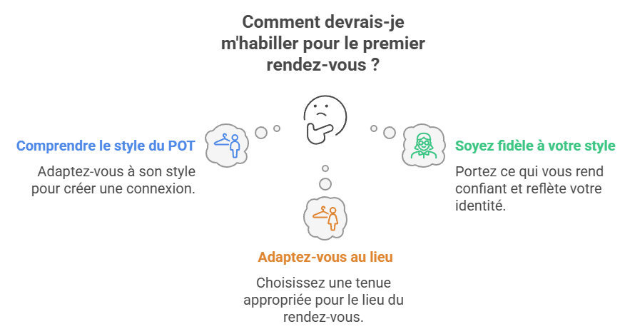 Infographie expliquant comment choisir sa tenue pour un premier rendez-vous avec un sugar daddy potentiel : adapter son look à son style, rester fidèle à sa propre élégance, s’habiller selon le lieu et viser l’équilibre entre distinction et confort.