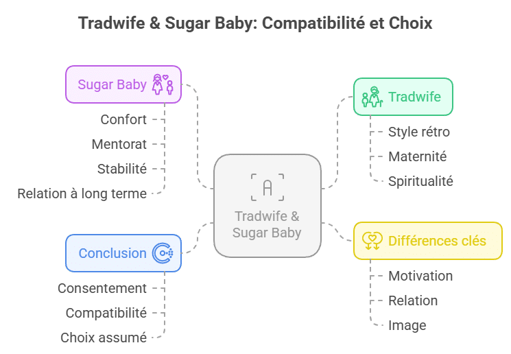 Infographie comparant le style de vie tradwife (épouse traditionnelle) et sugar baby : valeurs familiales, rôles de genre, relation avec les sugar daddies, motivations personnelles, évolution possible d’un sugar dating vers une dynamique de couple traditionnelle. Conseils pratiques pour passer d’une relation sugar à un engagement de type tradwife.