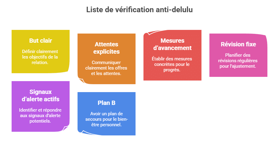 Infographic Liste de vérification anti-delulu
But clair
Attentes explicites
Mesures d’avancement
Révision fixe
Définir clairement les objectifs de la relation.
Communiquer clairement les offres et les attentes.
Établir des mesures concrètes pour le progrès.
Planifier des révisions régulières pour l’ajustement.
Signaux d’alerte actifs
Plan B
Identifier et répondre aux signaux d’alerte potentiels.
Avoir un plan de secours pour le bien-être personnel.