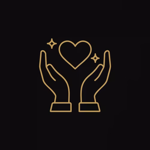 L'icône dorée représentant deux mains tenant un cœur symbolise la compréhension.