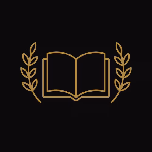L'icône dorée d'un livre orné de branches de laurier symbolise la connaissance.