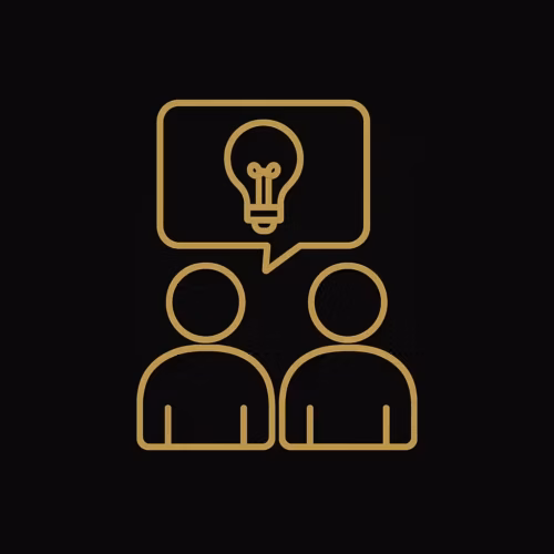 Icône dorée, deux personnes, bulle de dialogue, style bande dessinée, et ampoule au centre symbolisant le mentor