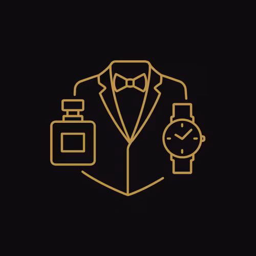 L'icône dorée du costume, de la montre et du parfum signifie raffinement