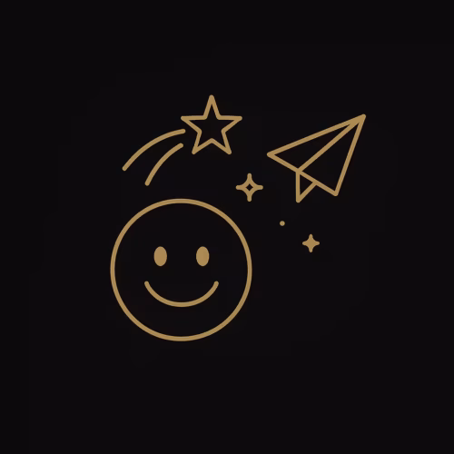 Icône dorée, visage souriant, avion en papier, symbolise la sympathie et la spontanéité.