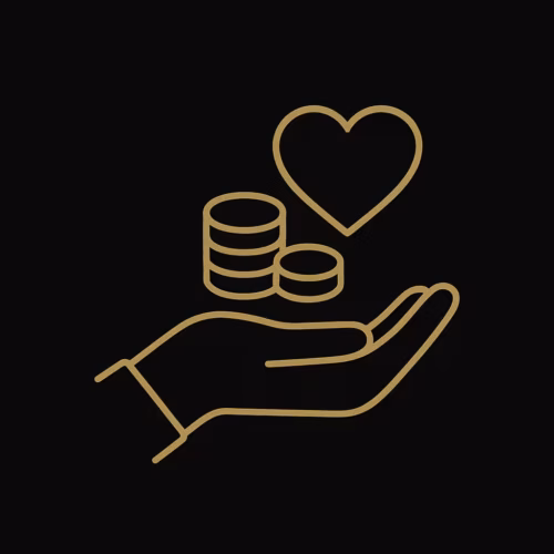 L'icône dorée représentant des mains tenant des pièces et un cœur symbolise l'aide ou le soutien.