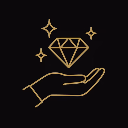 L'icône dorée représentant des mains tenant un diamant symbolise la valeur.