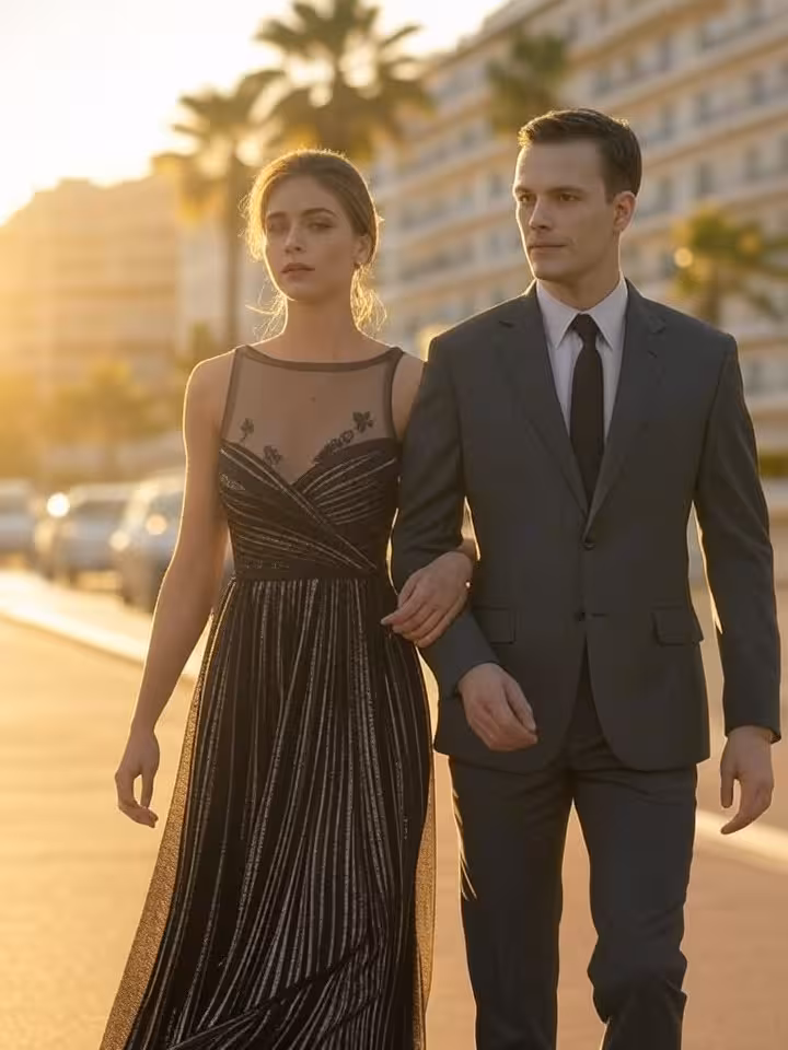 Couple élégant se promenant sur la Croisette à Cannes durant le Festival