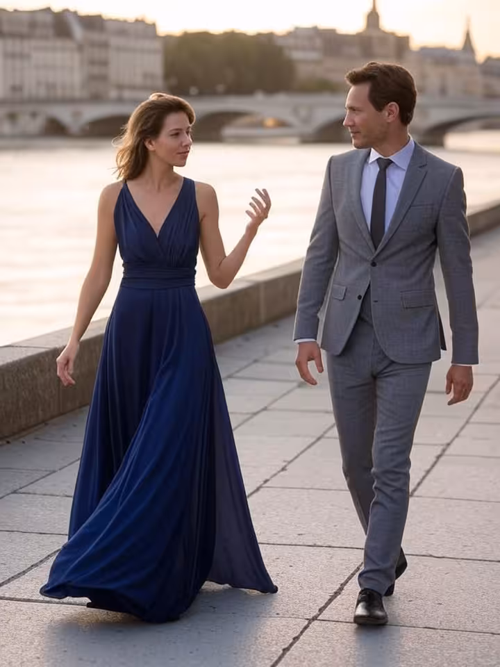 Couple élégant en promenade conversationnelle le long de la Seine à Paris