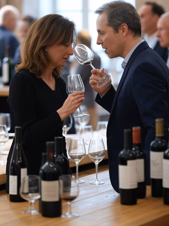 Couple partageant une dégustation de vin lors d'un événement raffiné