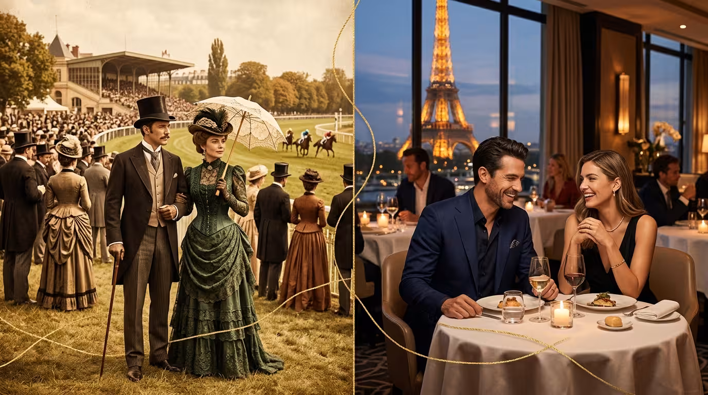 Comparaison entre les relations sugar du XIXe siècle aux courses de Longchamp et le sugar dating moderne dans un restaurant de luxe