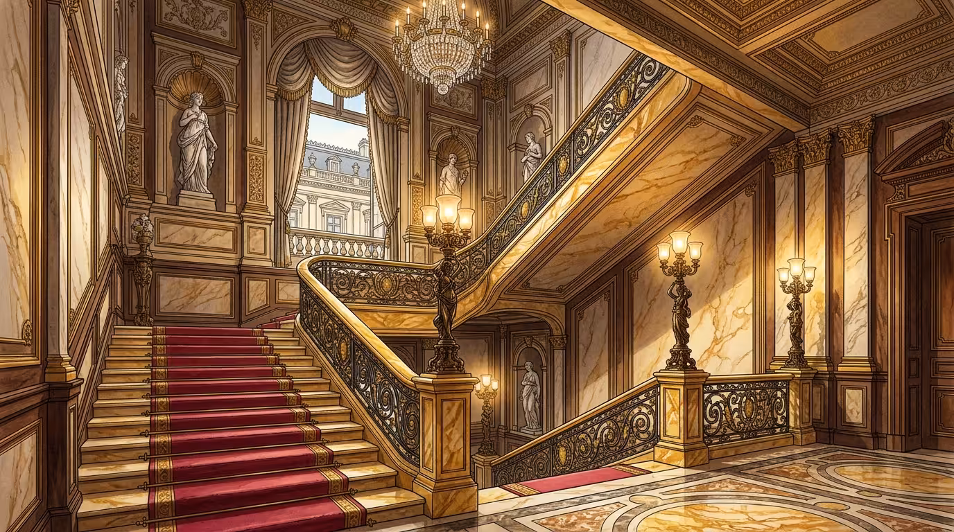 Escalier en onyx de l'Hôtel de la Païva sur les Champs-Élysées à Paris, symbole du luxe des demi-mondaines
